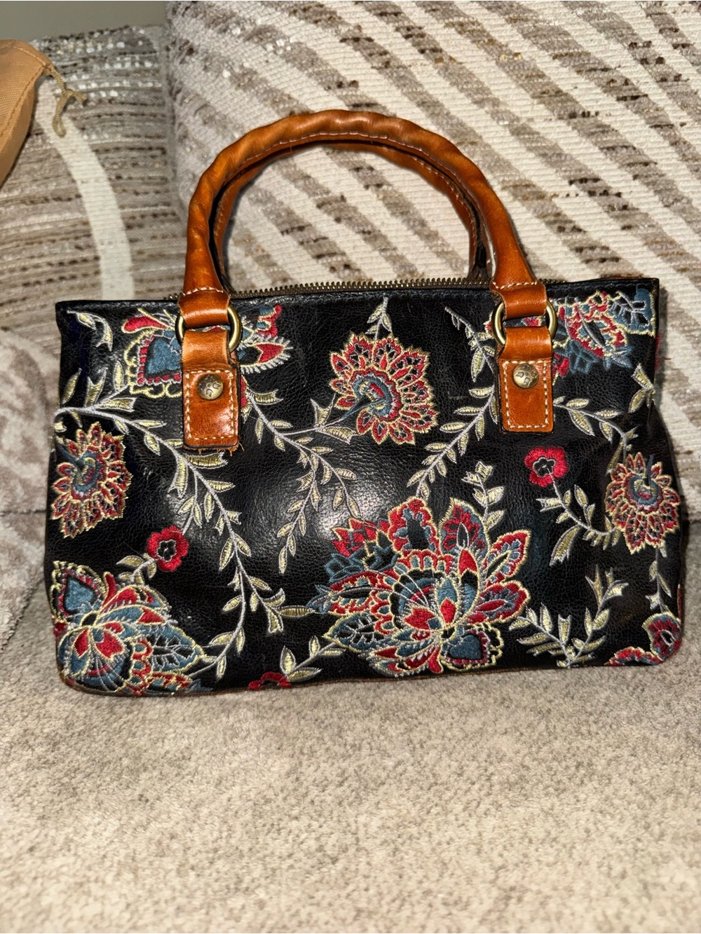 Patricia Nash Floral Embroidered Top-Handle Satchel - Black with Tan Handles